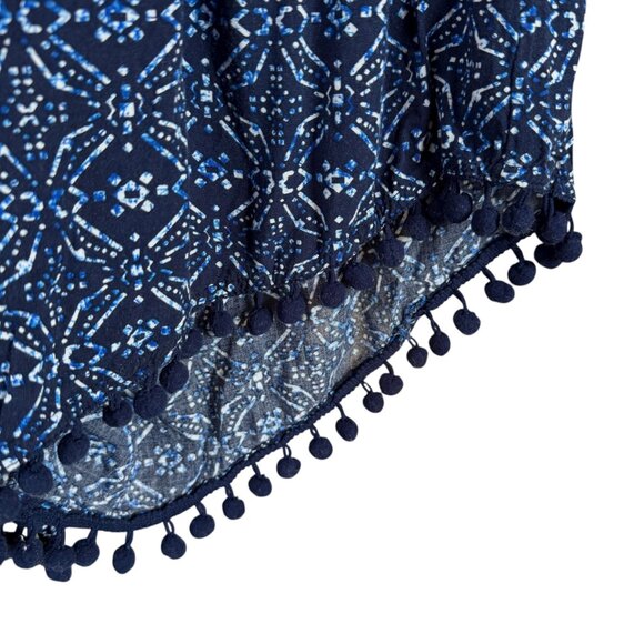 Mimi Chica women's romper with a blue geometric pattern and pom pom trim XS - Picture 3 of 6